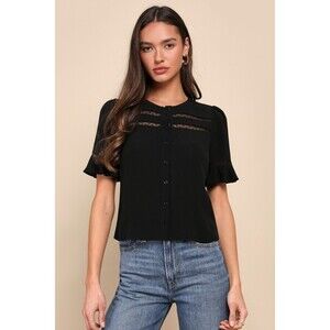 Lulus Remarkably Charismatic Black Lace Short Sleeve Button-up Top - Size XXS